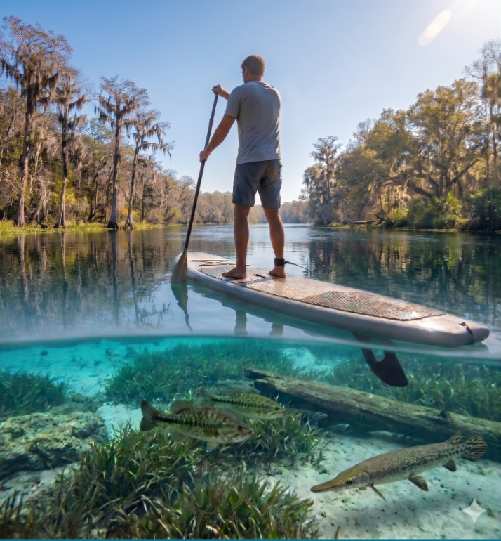 Paddleboarder at sunrise
