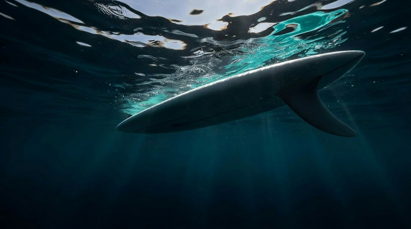 Underwater view of a paddleboard with a hydrodynamic fin